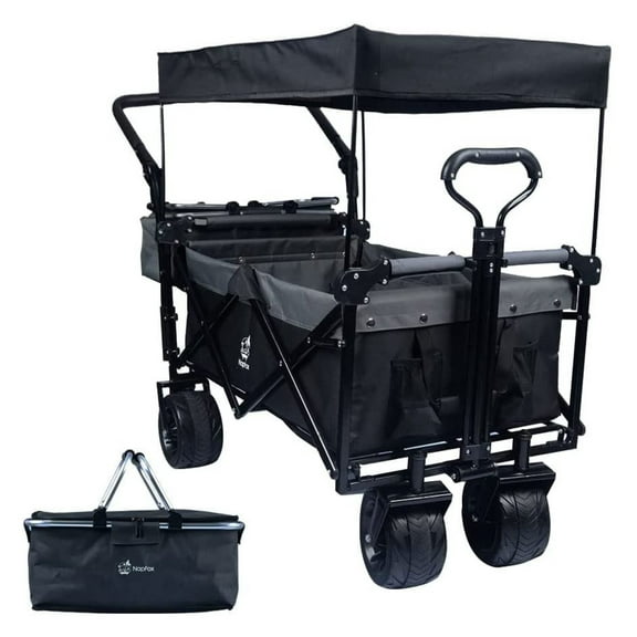 Collapsible Wagon 140L - Foldable Beach Wagon with Canopy & Brake - Heavy Duty Camping Cart with Cooler