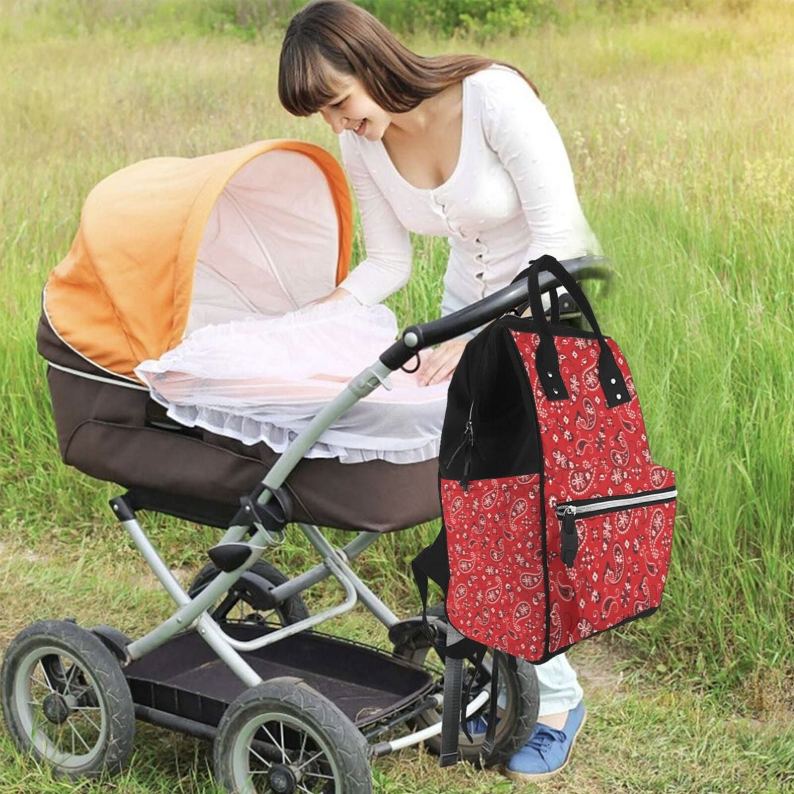 Ratiio Red Paisley Floral Mummy Backpack - Waterproof Twill Canvas, Large Capacity Diaper Bag with Multiple Pockets and Adjustable Straps