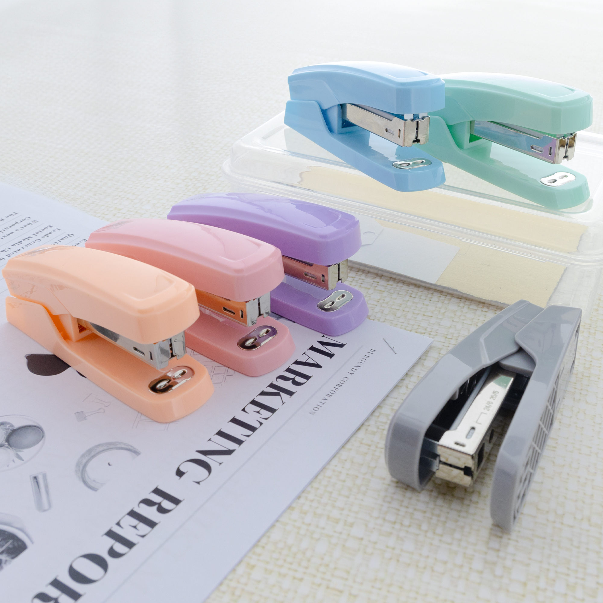 BAZIC Desktop Stapler with 50 Staples (26/6), Assorted Pastel Color Standard Stapler, 15 Sheet Capacity, Ergonomic Jam Free, 6-Pack