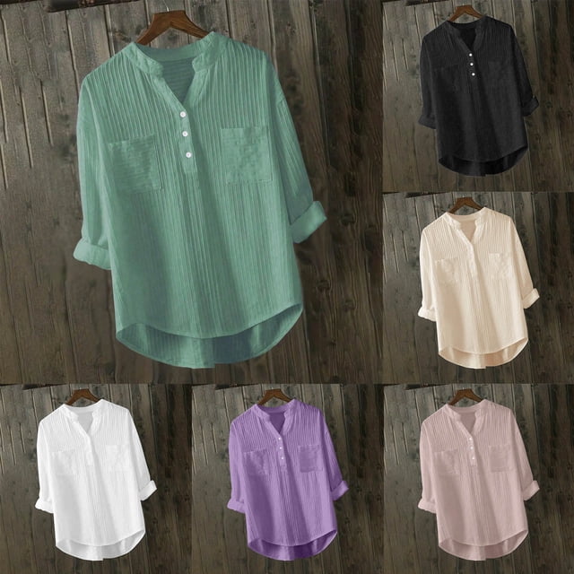 TIMIFIS Womens Casual Button V Neck Shirts Fall Loose Long Sleeve Shirts Solid Blouses Tops with Pocket