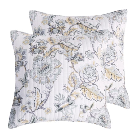 Levtex Home Ophelia 2-Pieces Spa Grey Cream Ochre Floral Quilt Bedding Sets, Euro Sham
