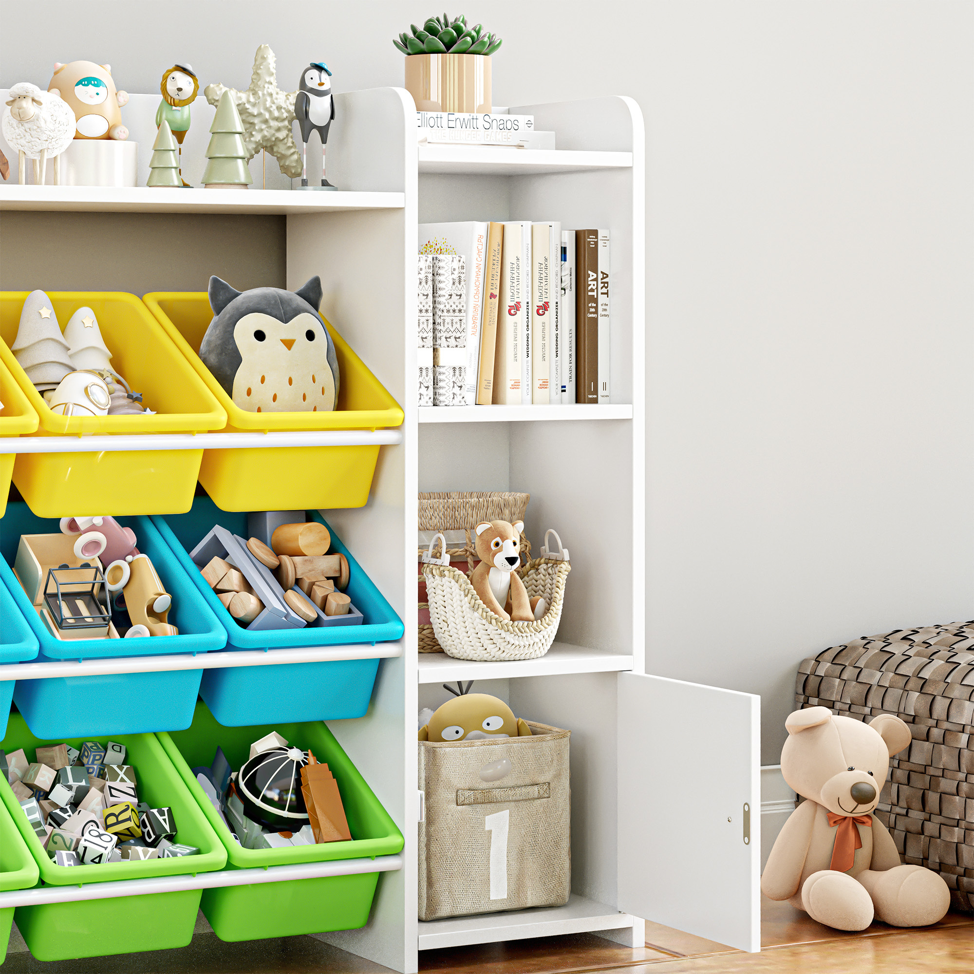 Homfa Kids Bookshelf & Toy Box Combo, White Children's Cabinet Shelves ...