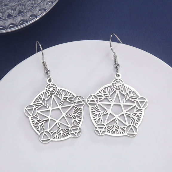EUEAVAN Silver Tree of Life Wiccan Pentagram Earrings Stainless Steel Pentacle Wicca Pagan