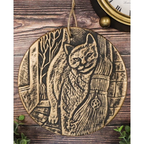 A Brush with Magick Feline Cat With Broomstick Terracotta Medallion Wall Decor