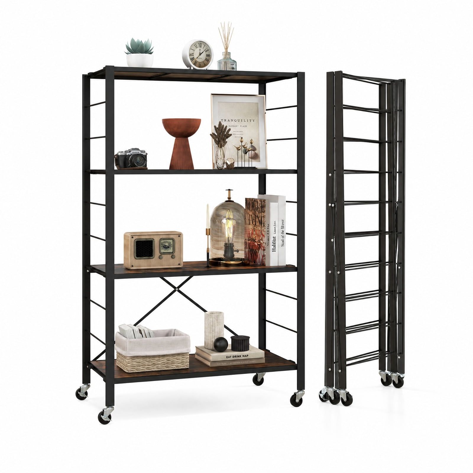 RUIE 4-Tier Foldable Storage Shelf with Wheels, Rolling Utility Shelving Rack for Kitchen Living Room Tool Room, 180 lb Capacity, Black