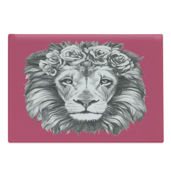 Lion Cutting Board, Portrait of an Exotic Safari Animal with a Floral Head Wreath, Decorative Tempered Glass Cutting and Serving Board, Large Size, Magenta Grey and White, by Ambesonne