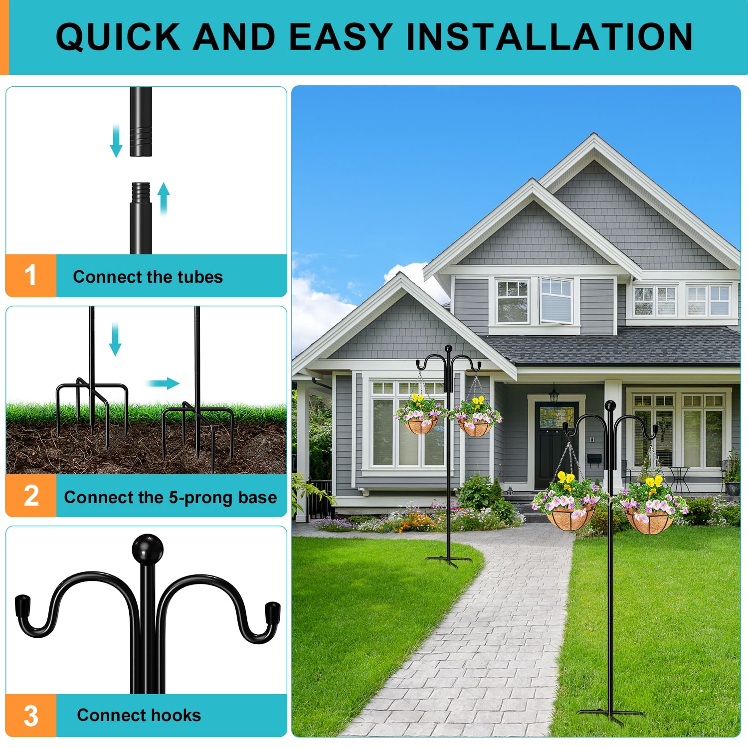 Shepherds Hooks for Outdoor, 2 Pack 76” Double Bird Feeder Poles with 5 Prongs, Adjustable Outdoor Plant Hanger Hooks for Plant Baskets, Lanterns, Wedding Decor