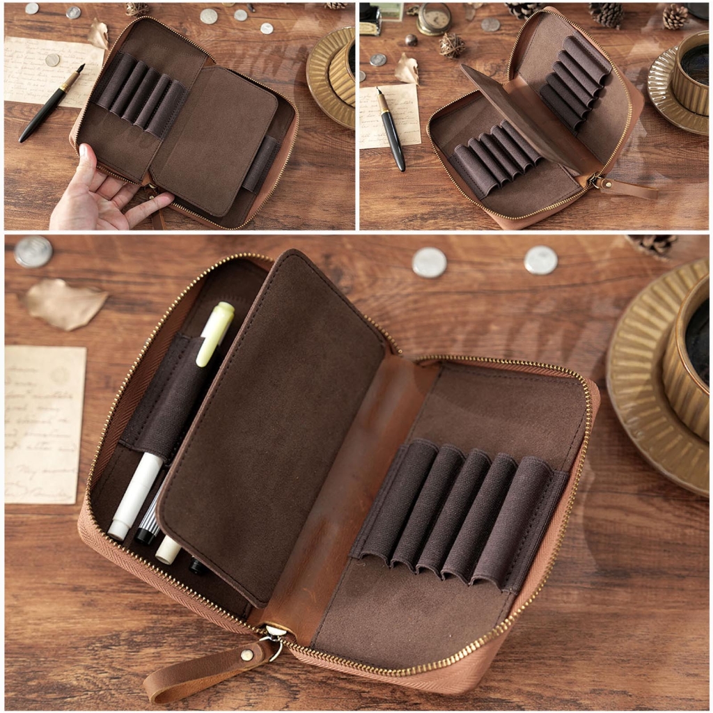 Traditional Fashion Genuine Cattlehide Pencil Case With Multiple Compartment Thin Plan For Students