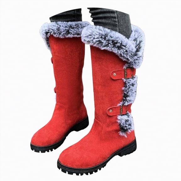 Rotm Winter Boots for Women Mid-Calf Fashion Casual Knee-High Flat Heel Boots Snow Boots Red,Size 8