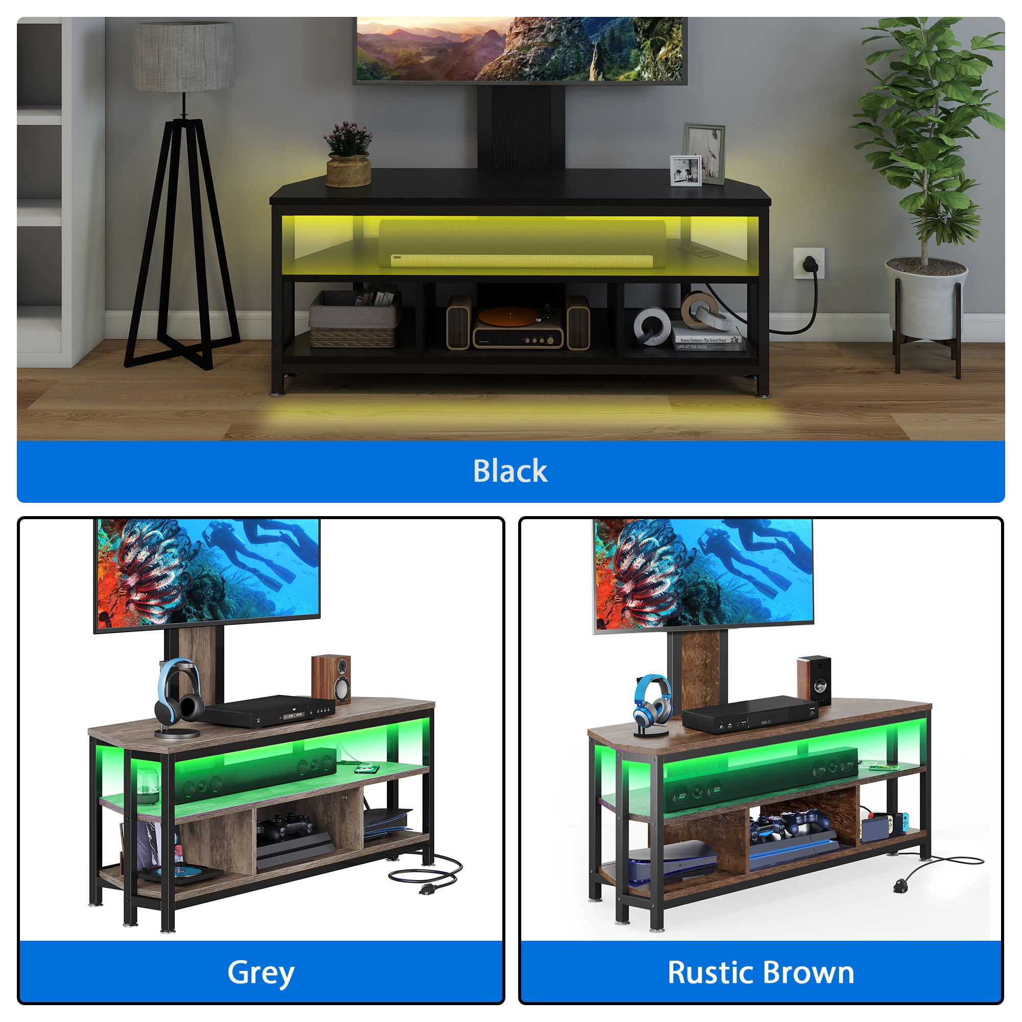 Dextrus Height Adjustable TV Stand Mount, Swivel Entertainment Center with Power Outlet and LED Lights, for TVs up to 70 inches