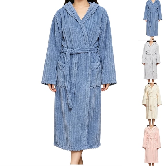 Robes for Women Dqueduo Women's Thickened Solid Color Absorbent Bandage Long Sleeve Hooded Bathrobe – Cozy Cardigan Robe Blue Free Size