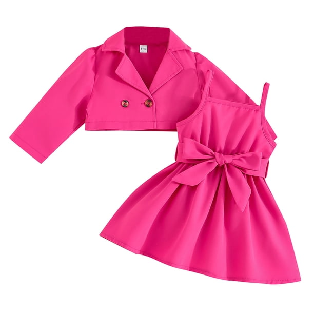 Chaqueta de rayas de traje de Color sólido de manga larga para niñas pequeñas de verano, vestido con tirantes y , conjunto de trajes de dos piezas para ropa de,blazer moda(Rosa, 3-4 años)