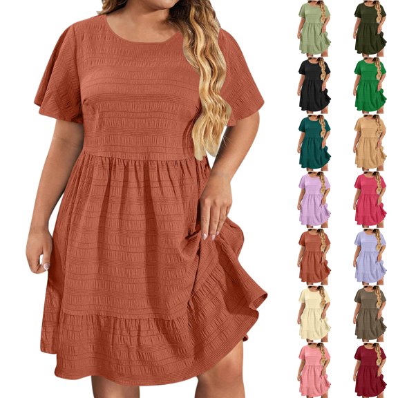 Smsaxvxz Women's Summer Plus Size Dresses Fashion Solid Round Neck Short Sleeve Casual Loose Ruffle Flowy Hem Mini Sundress Brown 01 4XL