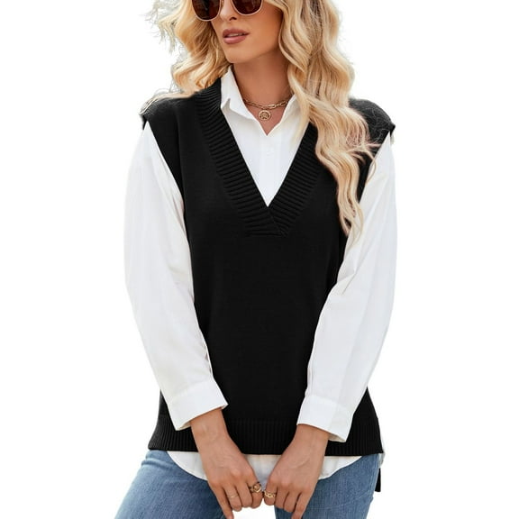 SWSMCLT Women's Billowy Vest Chic Sweater Oversize Deep V Neck Sleeveless Fall Spring Top Casual High Low Black X-Large