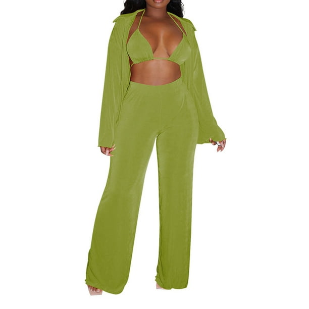 VISgogo Conjunto de Ropa de 3 Piezas para Mujer, Blusa de Color Sólido de Manga Larga con Cuello de Solapa + Sujetador + Pantalones de Pierna Ancha VISgogo moda