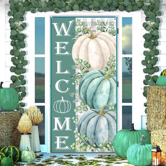 Fall Door Cover Thanksgiving Door Decorations Banner Autumn Pumpkin Banner Front Door Harvest Photo Backdrop Background Thanksgiving Pumpkin Birthday Harvest Party Supplies Indoor Outdoor