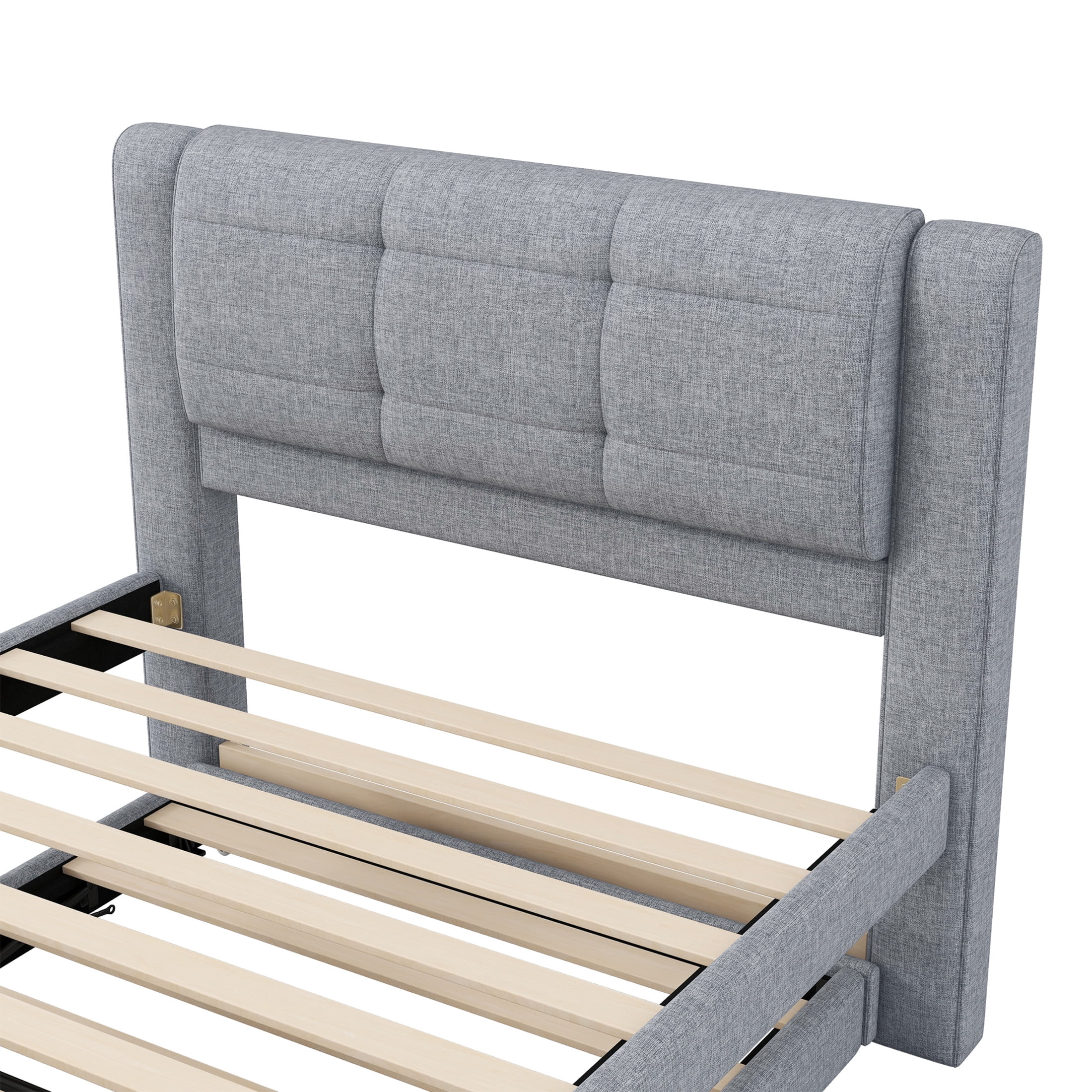 Noble House Twin Size Linen Upholstered Platform Bed with Multifunctional Pop-Up Trundle, Pine Wood Frame, Gray