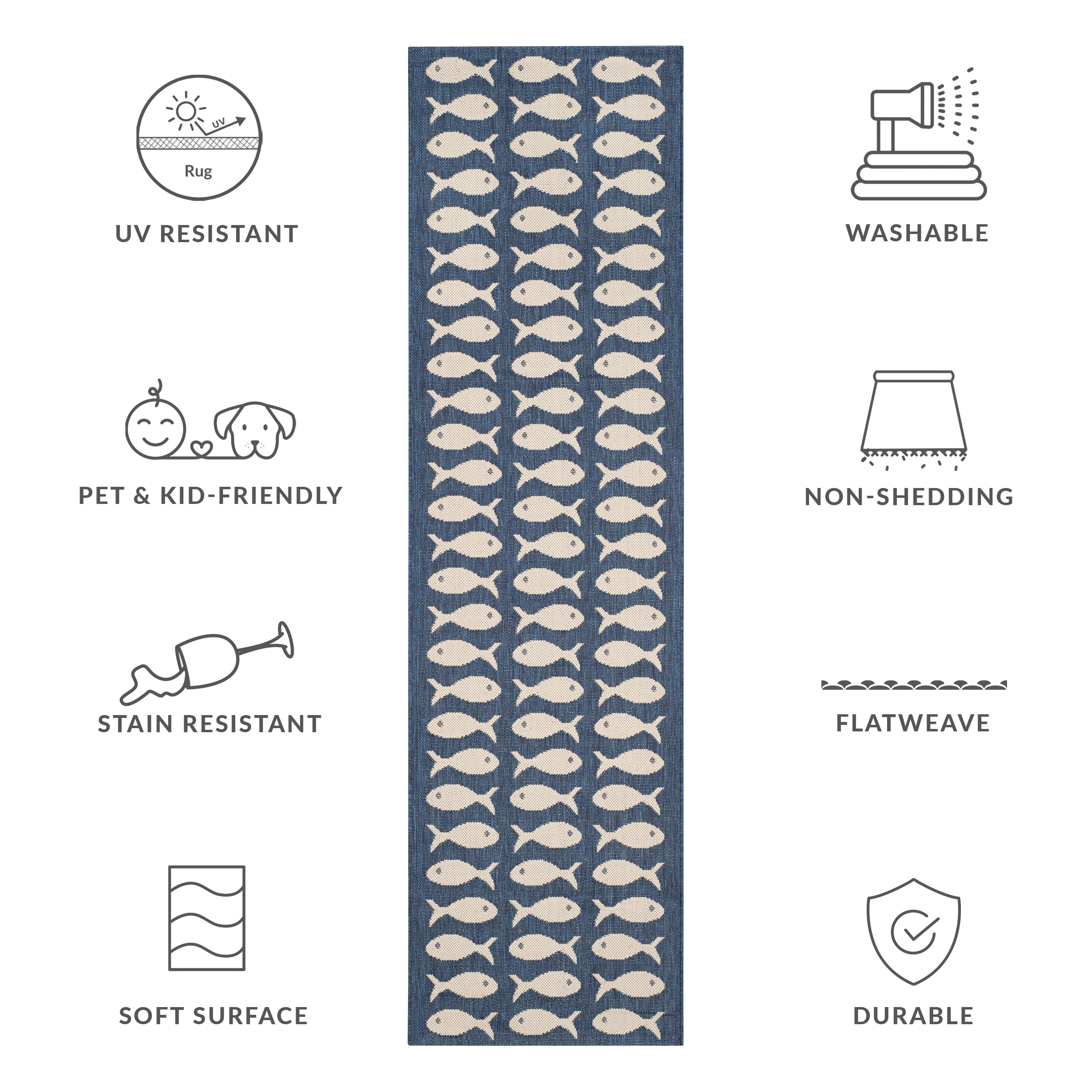 SAFAVIEH Courtyard Tranter Fishes Indoor/Outdoor Runner Rug, Navy/Beige, 2'3" x 16'