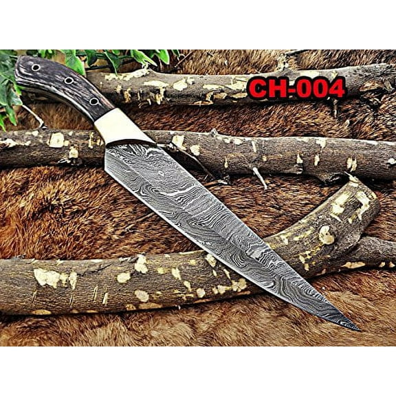 13.5 Inches long custom made Damascus steel slicer kitchen chef Knife 8" full tang blade Black Dollar Wood scale with brass bolster