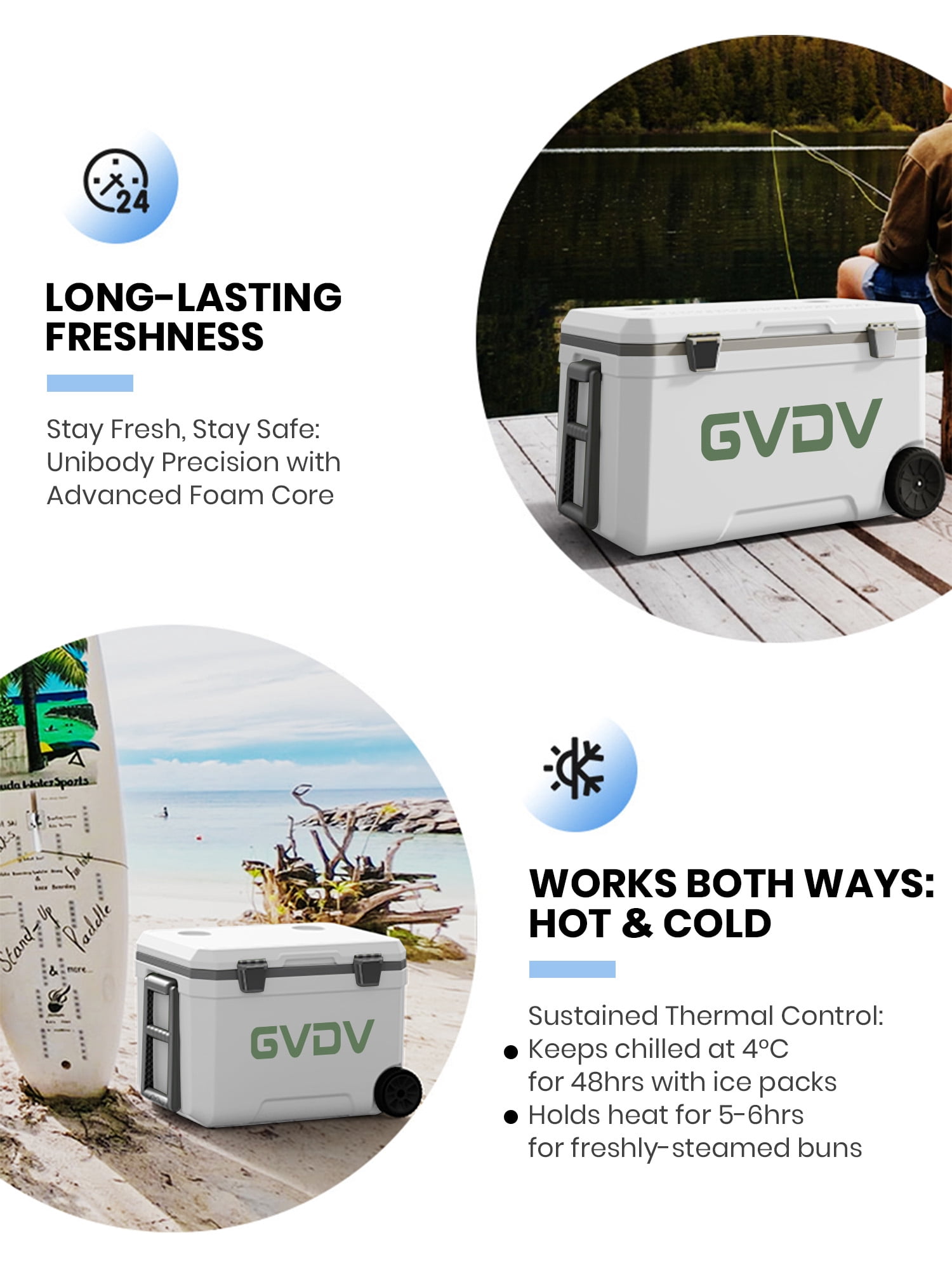 GVDV 45 Qt Rolling Coolers with Wheels, Lightweight Hard Chest，White