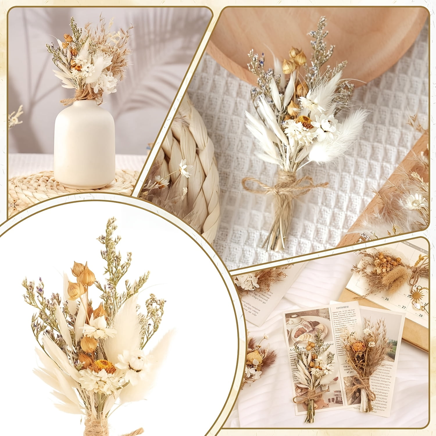 24Pcs Mini Dried Flower Bouquet, 6 Inch Small Dried Flowers With Soft Beige &White Tones, Daisies, Baby’s Breath, Perfect For Boho Wedding Decor, Rustic Wedding Decor, Vase Arrangements, Home Decor