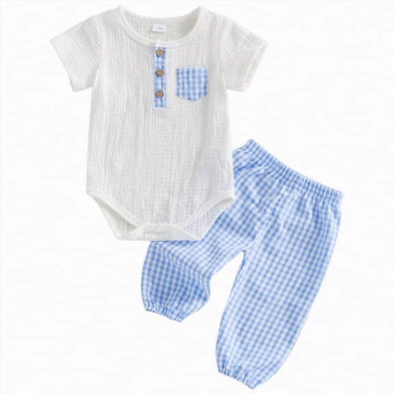 UngA Baby Boy Summer Clothes 0 3 6 12 18 Months Basic Romper Plaid Pant Set Newborn Infant Going Coming Home Outfits (Blue,6-12 Months)
