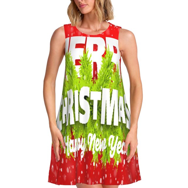 Easygdp Merry Christmas para Vestido Transpirable de Mujer, Vestido Suelto de Manga Corta con Pliegues y Bolsillos para el Verano