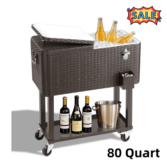 Tcbosik 80 Qt Cooler Cart, Outdoor Portable Beverage Cooler with Storage Shelf, Bottle Opener and Cap Collector, 48 Hour Cold Drinks, Chill, Fresh Sodas and Beer, Brown