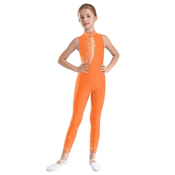 Ocealan Kids Girls Dance Unitard Sleeveless Rhinestones Full Body Gymnastics Leotard Ice Skating Bodysuit Orange 6