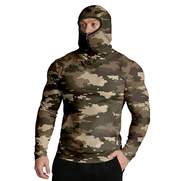 Havenx Upf 50  Camo Hoodie Shirt for Men Camo Long Sleeve Shirts with Mask Hooded Uv Upf 50  Hoodie Shirt Uv Protection Hiking Running Swim Athletic Workout Shirt Rash Guard,Brown XL