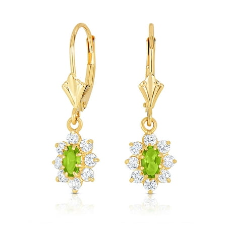 Tilo Jewelry 14K Yellow Gold Flower Dangle Earring with Green CZ Birthstone | Secure Leaver-Backs | August-Peridot | Women & Unisex