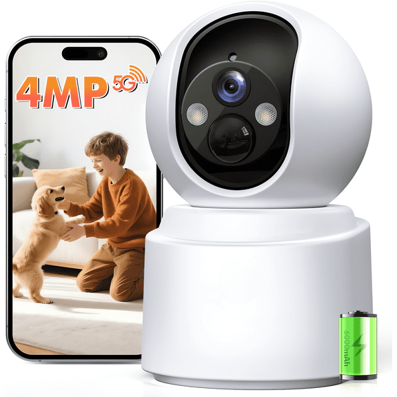 5G&2.4GHz WiFi Battery Powered Indoor Camera Wireless, PTZ Pet Camera with 6000mAh Rechargeable, 2.5K 4MP Color Night Vision, SD/Cloud Storage, 2-Way Audio, App Remote, Cat/Dog/Kids/Home Monitoring