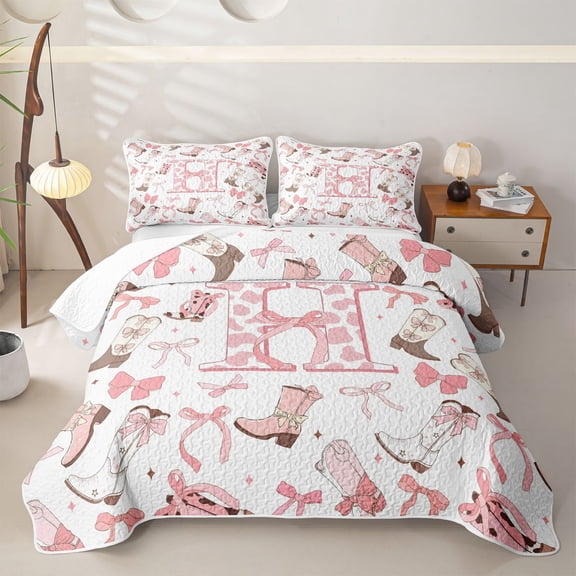 Erosebridal Cow Print H Letter Twin Quilt Set, Western Bowknot Cowgirl Boot Twin Coverlet Set for Girls, 2pcs