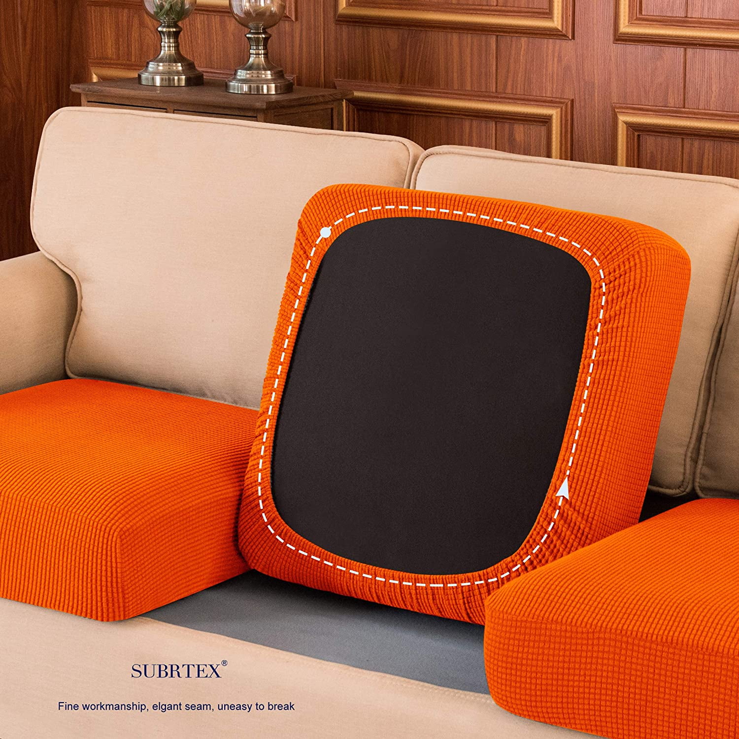 Subrtex Cushion Covers Separate Seat Stretch Textured Grid (3PCS, Orange)