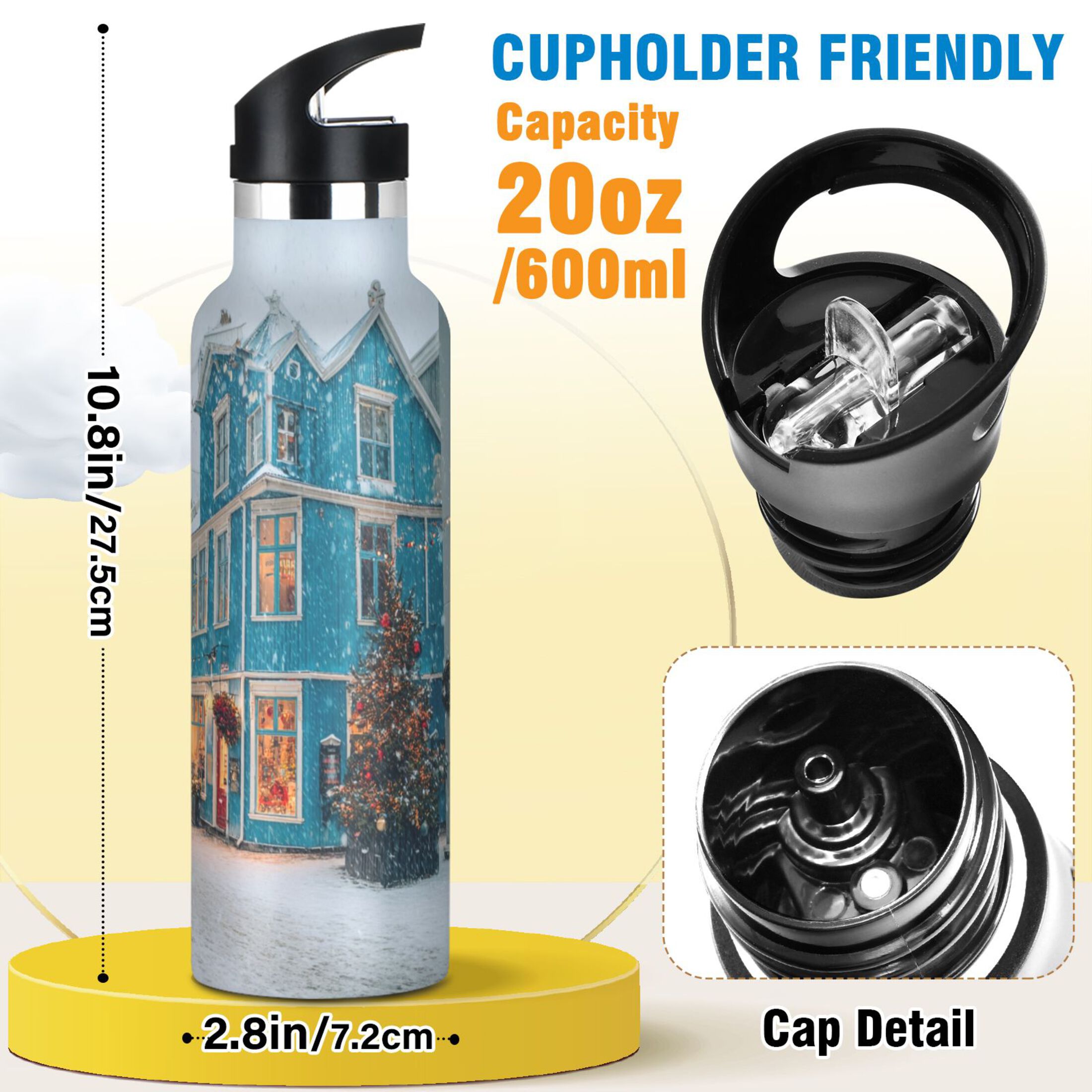 Kids Insulated Stainless Steel Sports Water Bottle 600ml (20oz) Town in Winter