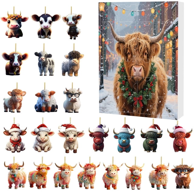 calendario de adviento de navidad 2025 con diseño de vaca colgante con 24 días, calendario rectangular frontal con portada que muestra una vaca con guirnalda y numeración para 24 casillas, filas de adornos colgantes en forma de vaca con ganchos dorados y acabados variados sobre fondo neutro; suele usarse también para decorar puertas o armarios durante la temporada navideña.