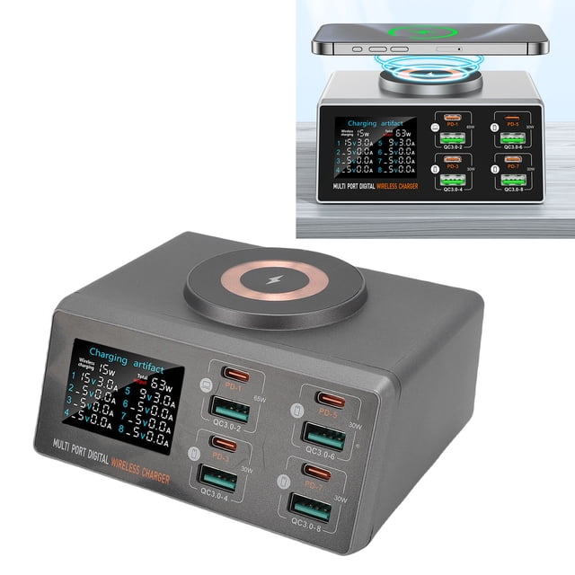 PD Charger, Multi Port Charging Station with Color Screen, 140W Desktop Charger for 9 Devices Charging