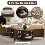 47 Oval Coffee Table with Storage, Mid Century Modern Center Table with 2 Doors, Wood Fluted Tea Table with Open Shelf for Living Room, Walnut
