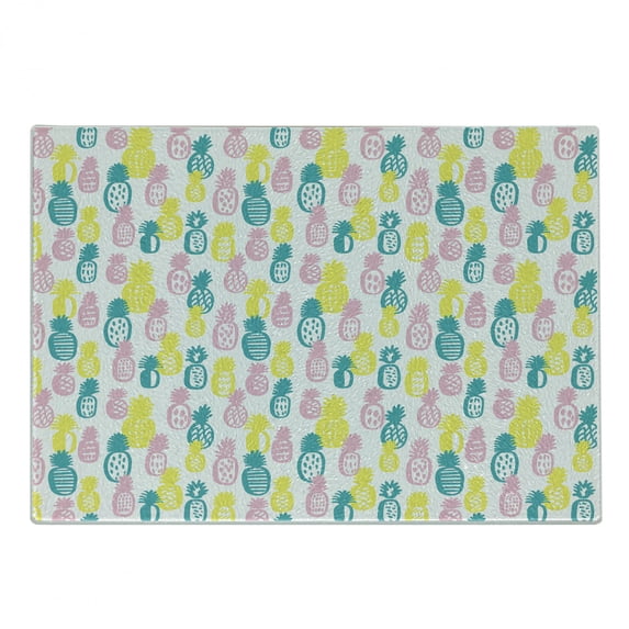 Pineapple Cutting Board, Colorful Doodle Food Design with Abstract Patterns Stripes Dots and Rhombuses, Decorative Tempered Glass Cutting and Serving Board, Small Size, Multicolor, by Ambesonne