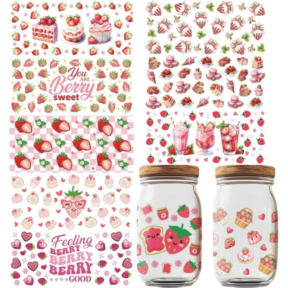 10 Sheets Strawberry UV DTF Cup Wraps Strawberry Rub on Transfer Decals Fruit Style Waterproof Transfer Stickers Cartoon Rub on Decals for Glass Cups Wood Crafts