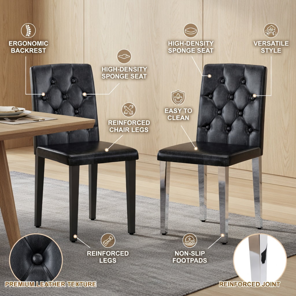 Hommoo 4-Pack PU Leather Dining Chairs with Ergonomic Buckle Backrest, 35-inch Height, Modern Minimalist Design for Dining Room, Hotel & Cafe, Black
