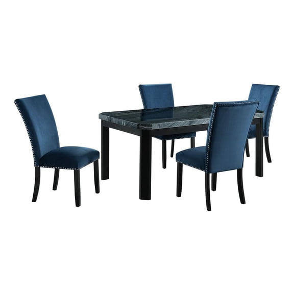 Picket House Furnishings Celine 5PC Dining Set- Table & Four Blue Velvet Chairs