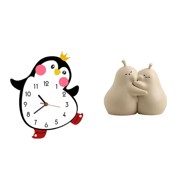 Reloj de pared de madera con forma de pera de pingüino y sujetalibros de cerámica, bonito adorno decorativo para el dormitorio, ideal como regalo de e
