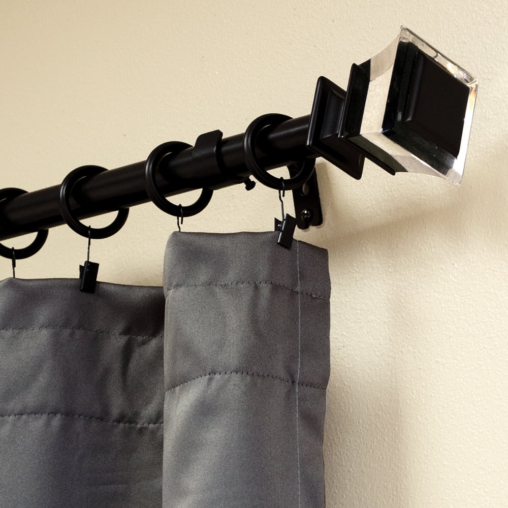 Lumino 1" Black/Acrylic Alice Square Adjustable Single Curtain Rod Set, 42"-120"