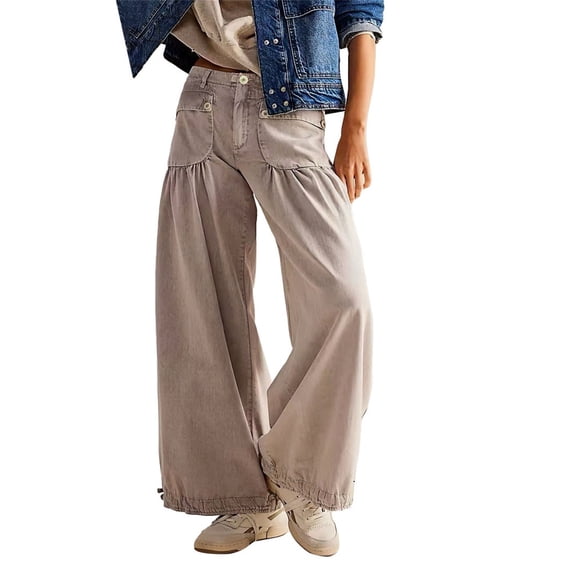 QURATI Women Baggy Cargo Jeans Mid Waist Wide Leg Parachute Denim Pants Sweatpants Pockets Womens Bottoms Beige L