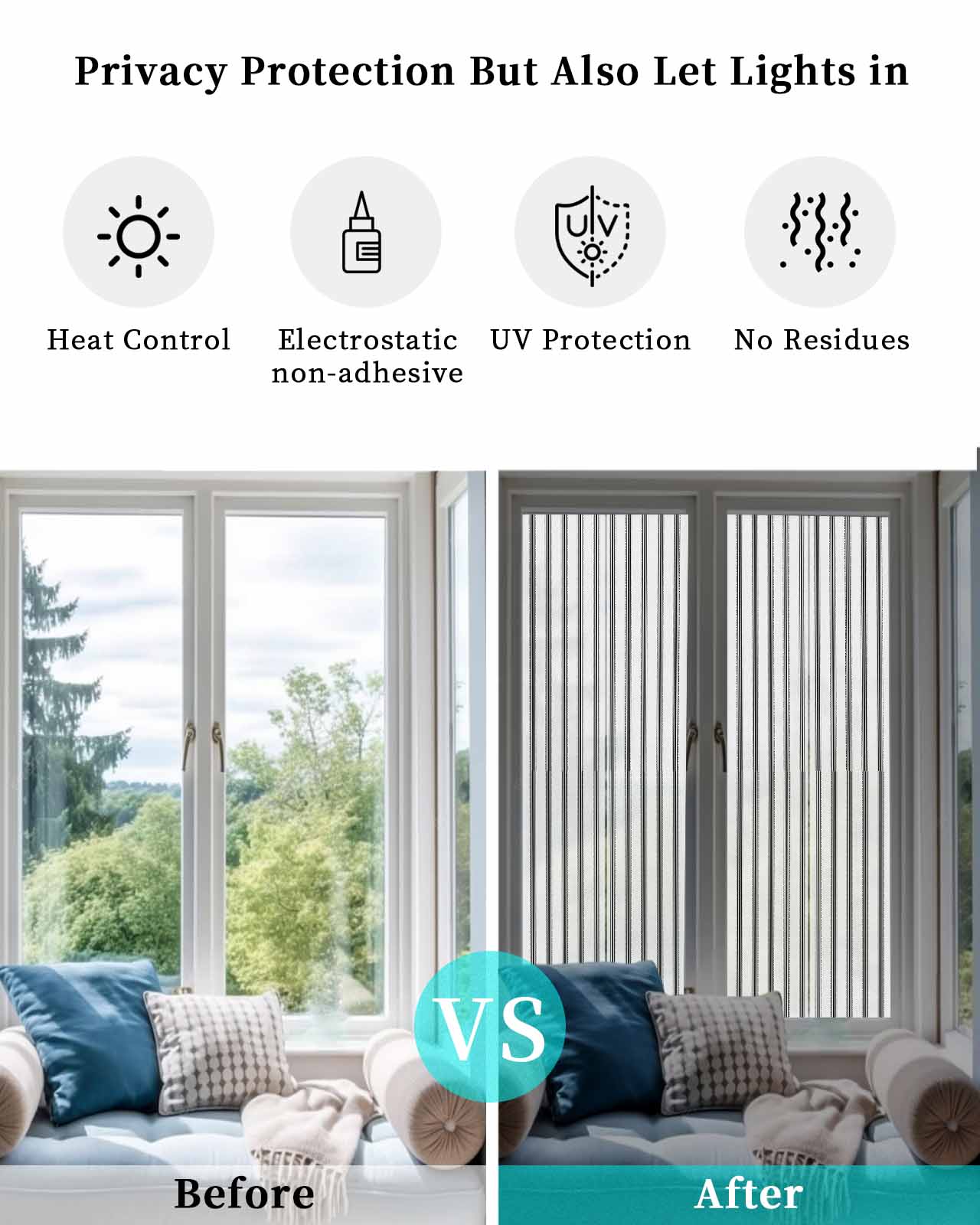 Window Privacy Film, Black Stripes UV Sun Blocking Window Tint Film Heat Control One Way Blackout Window Film, Geometric Vertical Linens Modern Minimalism Non Adhesive Static Cling 23.6x78.7 In