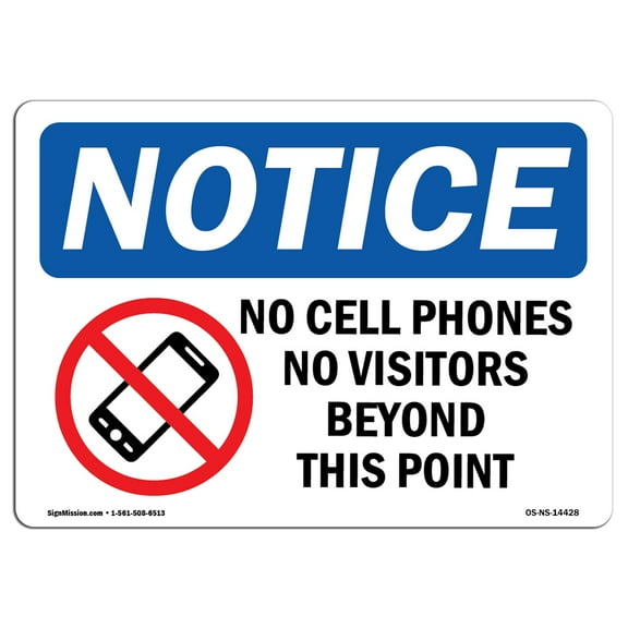 OSHA Notice Sign - No Cell Phones No Visitors Beyond Sign With Symbol | Decal | Protect Your Business, Work Site |  Made in the USA