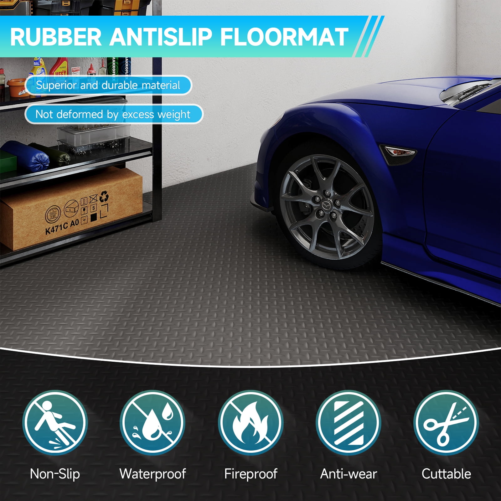 Garage Floor Mat, 7.5 x 20 FT Thickened Diamond Plate PVC Garage Mats Flooring Roll for Under Car, Garage Car Parking Mats for Sports Car，Compact SUVS，Silver