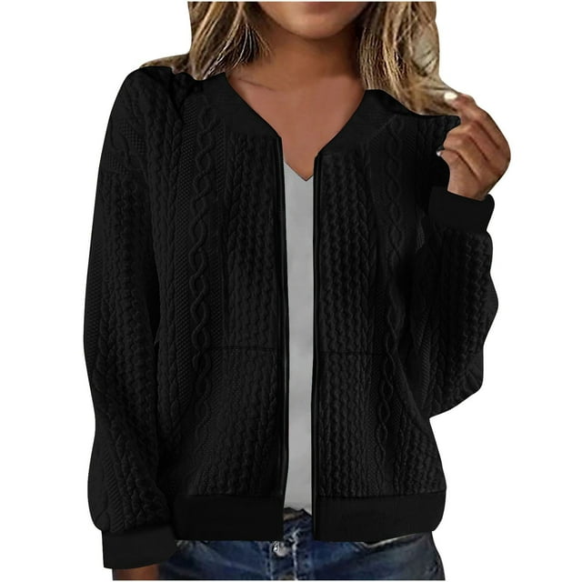 Timegard Zip up Jackets for Women Long Sleeve V Neck Cardigan Fall Casual Solid Color Comfy Jacket