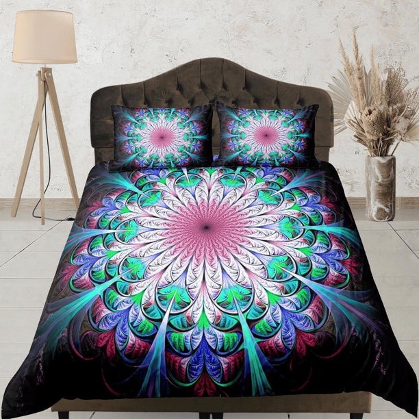 Mandala verde psicodélico funda nórdica boho juego de cama full, queen, king, dormitorio